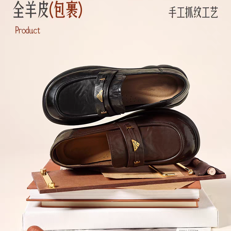 商场同款复古羊皮乐福鞋女2026春季新款黑色小皮鞋深口单鞋E9L1