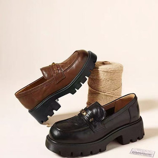 商场同款乐福鞋2026春新款女鞋牛皮圆头厚底粗跟休闲单鞋F2A1