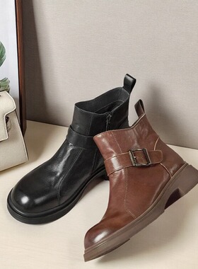 商场同款2025款女鞋黑巧靴抓皱真皮时装靴加绒秋冬新款短筒靴E8P1