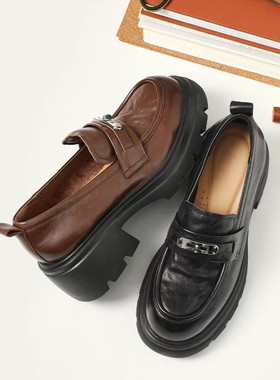 商场同款女鞋2026春季新款复古厚底真皮JK乐福鞋黑色小皮鞋E9M1