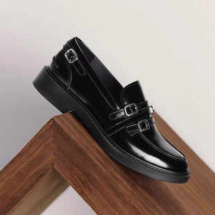 商场同款2025新款黑胶夜曲英伦风乐福鞋一脚蹬黑色小皮鞋女EFI07C