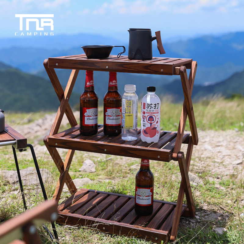 TNR户外多层置物架户外露营野营折叠便携沙滩厨房储物架实木收纳