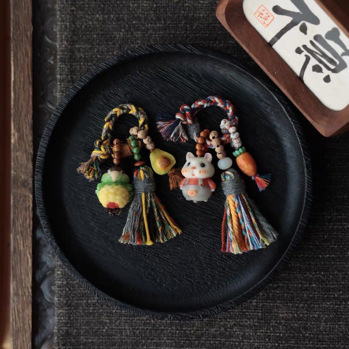 原创象牙果背带裤兔子钥匙扣挂件搭配根付胡萝卜百香籽橄榄核星月