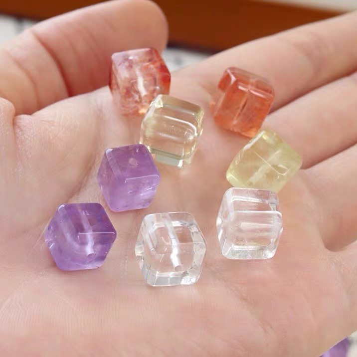 天然白水晶方糖单珠散珠手串隔珠手工diy配件黄紫水晶文玩配饰品