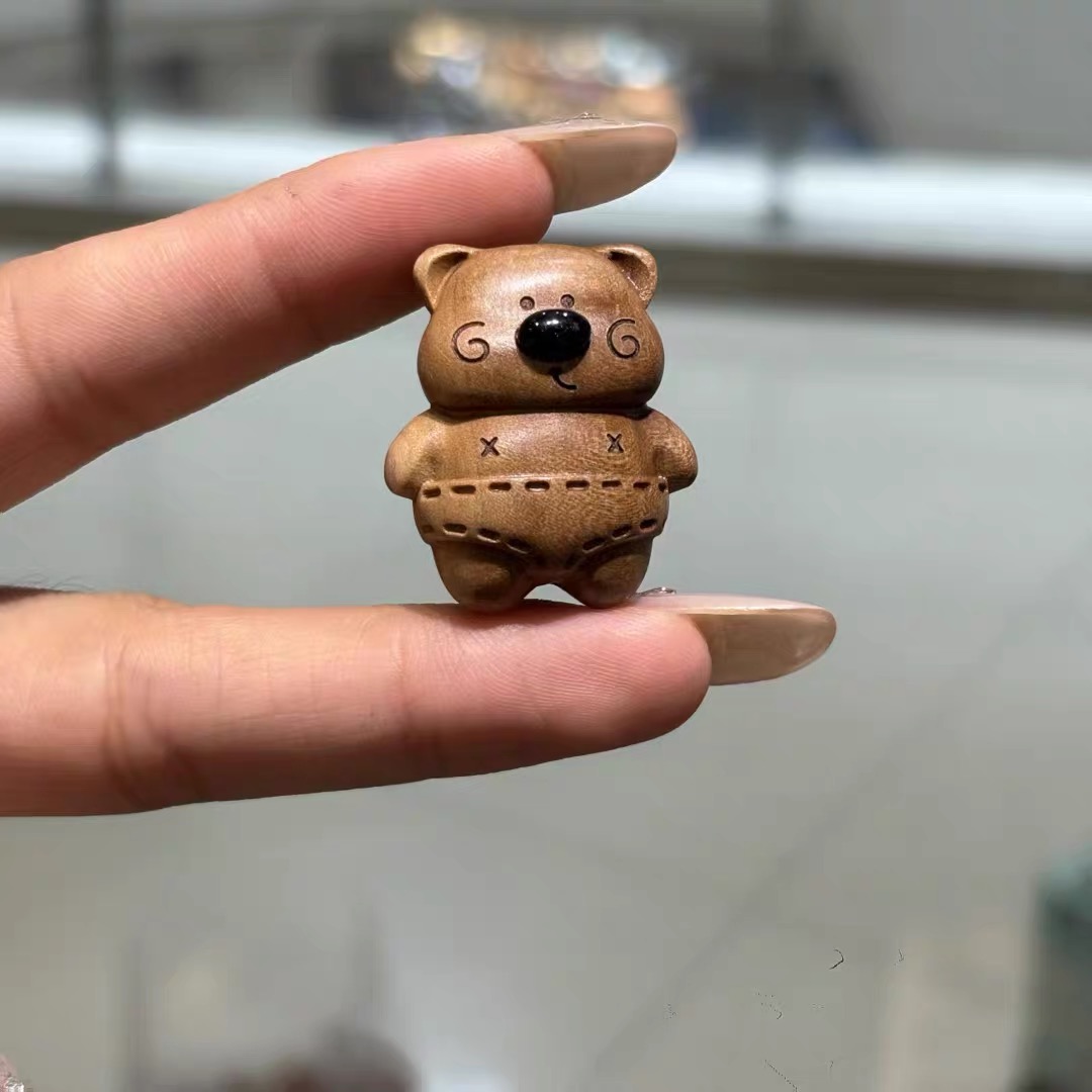精工老桃木雕刻可爱大熊通孔diy配件手工串珠吊坠挂件编绳配饰