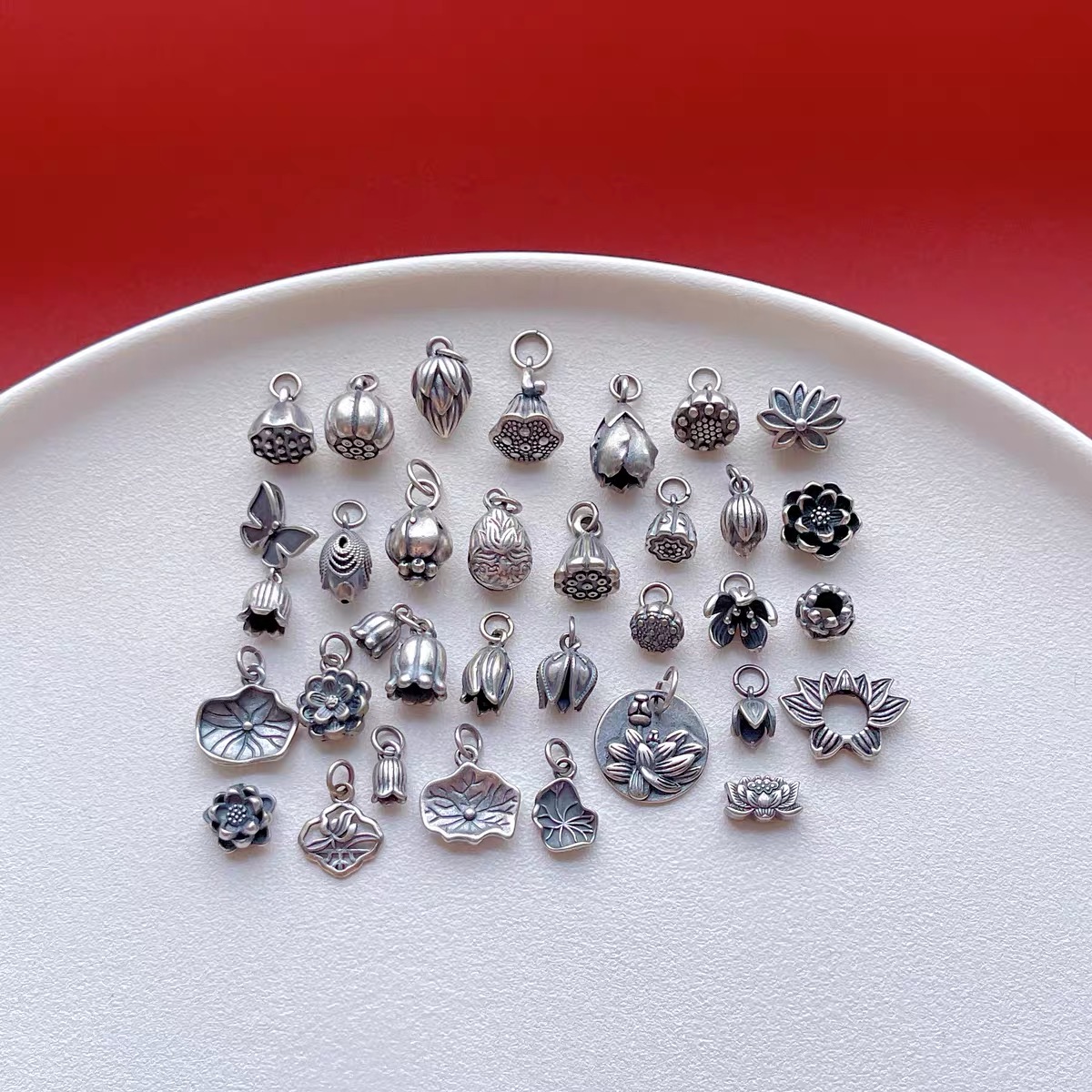 老银配饰莲花莲蓬荷叶花苞铃兰花吊坠提溜挂坠diy手串项链三七银