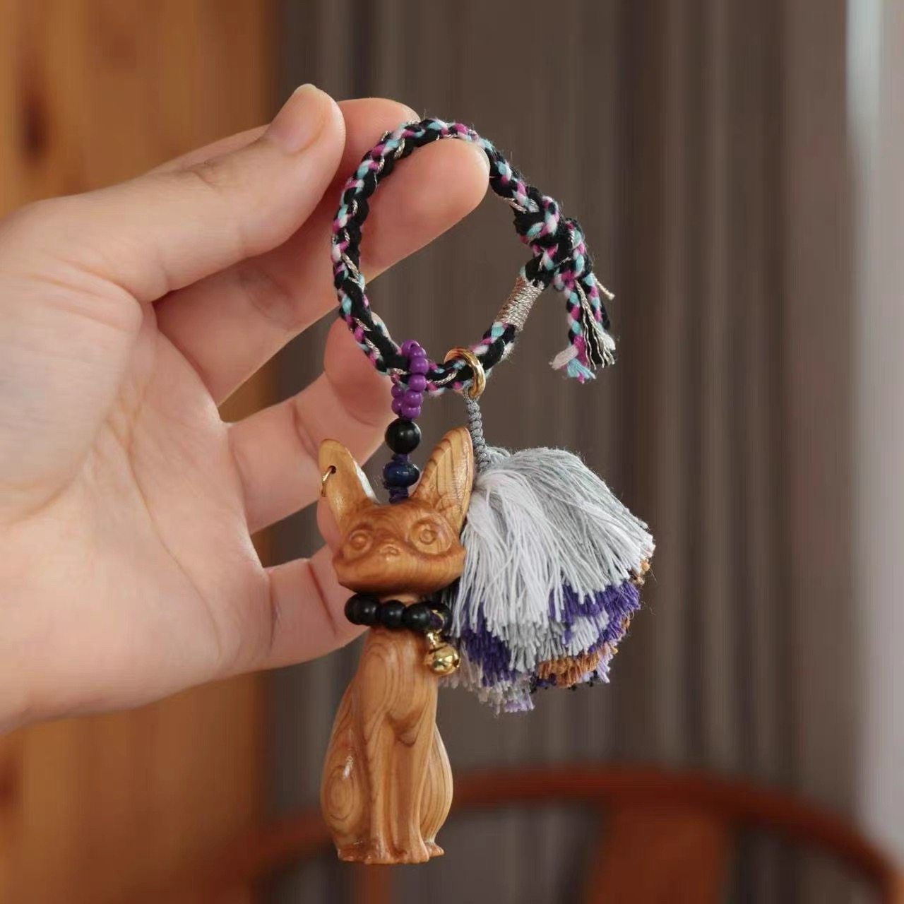 原创天然崖柏猫咪挂件藏式流苏盘玩文玩钥匙扣包包挂时尚