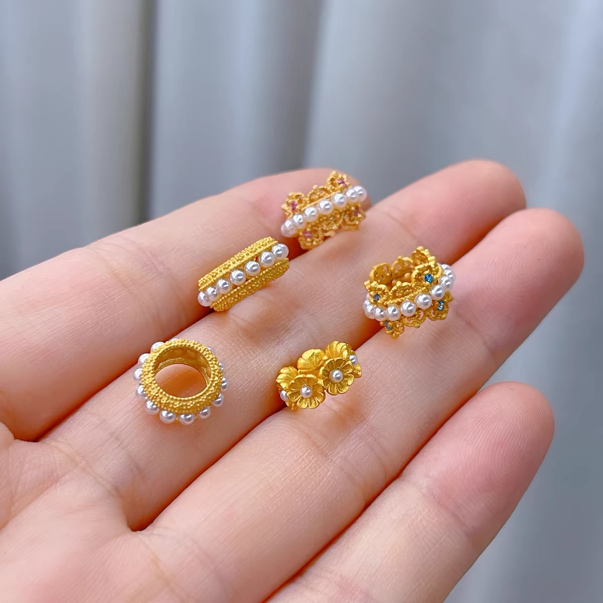 S925古法银镀金跑环镶嵌贝珠大孔隔珠卡环diy红绳编绳串珠配饰