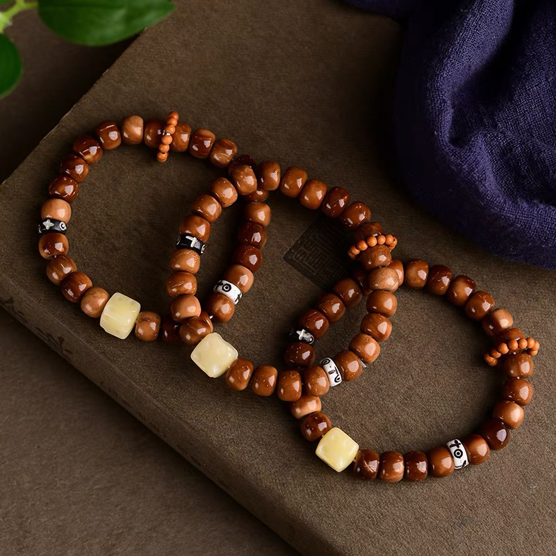 天然库克菩提老型珠单圈手串搭配橄榄核跑环 菩提奶酪 微瑕