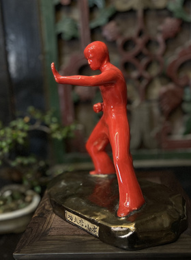 石湾公仔摆设收藏红色功夫李小龙