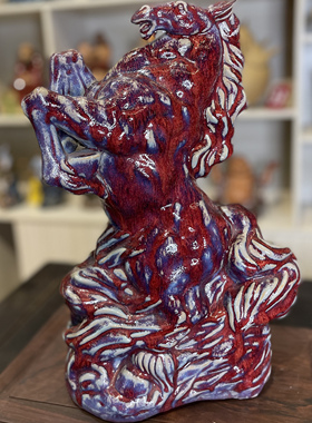 石湾窖瓦红釉瓷器陶瓷马马年生肖摆件办公室居家中式摆件送礼