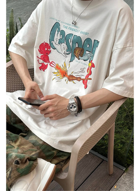 美式小众夏季Purey Casper鬼马小精灵破坏卡通Vintage做旧短袖T恤