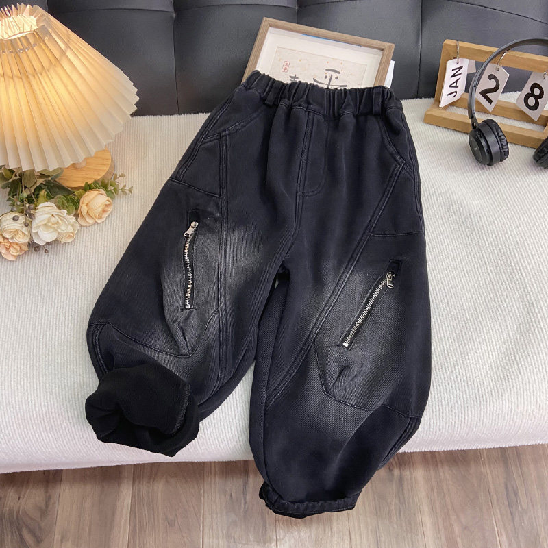 海洋家特价童装男女童潮款牛仔裤中大童加绒裤儿童冬款一体绒长裤