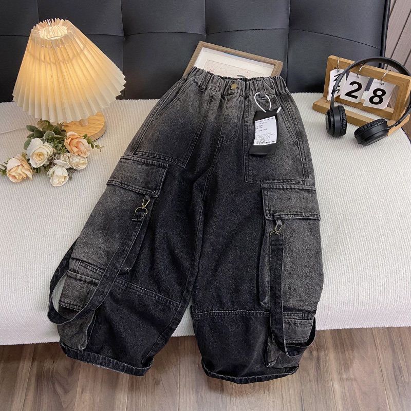 海洋家特价童装 男女童潮款牛仔裤 中大童厚款工装裤春秋裤子