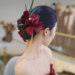 复古宫廷白色酒红色丝绒郁金香新娘发饰婚纱礼服汉服流苏头饰发簪