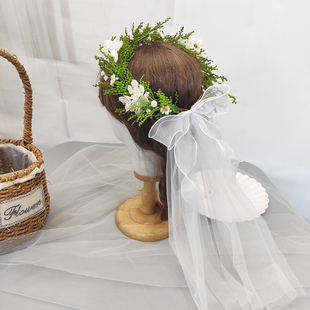 森系绿色花环女度假清新蝴蝶结头饰品网纱甜美拍照头花短头纱发饰