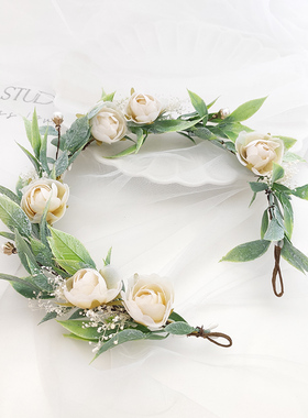 森系高级感春天青绿色系米色花朵永生花新娘头饰花冠花环配饰