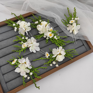 美畅森系百搭绿植白色樱花发饰新娘婚纱礼服写真造型套装韩式边夹