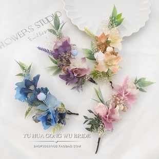 绿植春系田园绢布仿真花朵干花边夹发饰新娘头饰婚纱礼服配饰新款