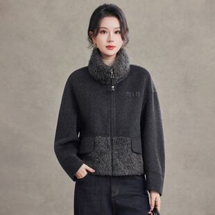 轻奢高端双面呢羊毛大衣女短款拼接立领小个子休闲百搭呢子外套