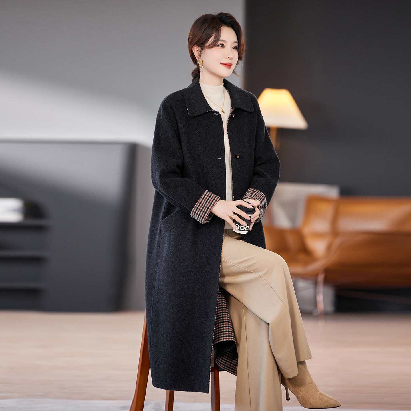 韩版气质毛呢外套女秋冬新款妈妈装时尚休闲长款过膝呢子羊绒