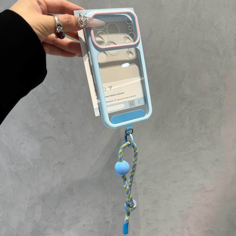 韩系ins蓝框透明带挂绳适用于苹果17promax手机壳iphone16pro保护套15p新款17pm简约max手机套i不会撞壳艺术