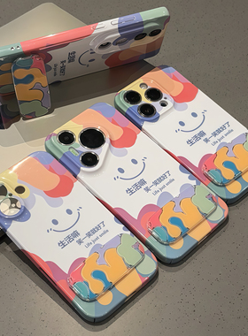 彩色涂鸦笑脸支架适用苹果17/16promax手机壳14PRO华为mate60pro菲林Pura70荣耀300女reno13保护套s20小米15