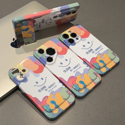 彩色涂鸦笑脸支架适用苹果17/16promax手机壳14PRO华为mate60pro菲林Pura70荣耀300女reno13保护套s20小米15