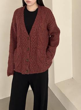 MACQNF29360MQ宽松慵懒风V领长袖花线羊毛开衫外套女