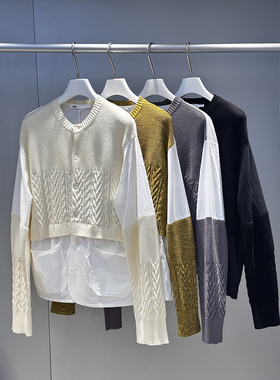 MACQNF秋季新款2023针织开衫女衬衫拼接撞色假两件上衣MQ80363