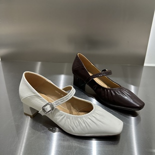 欧洲站2026真皮法式软皮晚风温柔配裙子方头粗跟中跟玛丽珍单鞋女