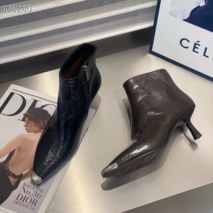 欧洲站靴子女2025新款金属头细跟高跟短靴女真皮高级感欧货时装靴