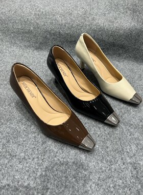 欧洲站女鞋2025四季新款欧货真皮金属方头细跟高跟鞋漆皮时尚单鞋