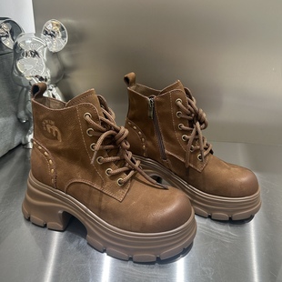 欧洲站头层牛皮复古马丁靴女英伦风厚底短靴2025冬侧拉链增高靴子