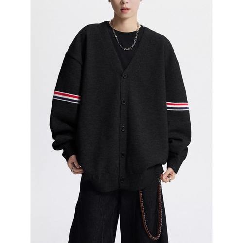 「设计师品牌」港风秋冬款男女毛衣V领开衫针织衫条纹宽松外套