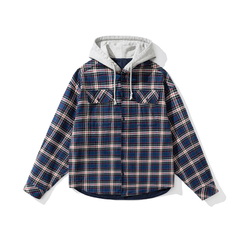 「设计师品牌」连帽格子衬衫男大码M-5XL.100%棉帽子