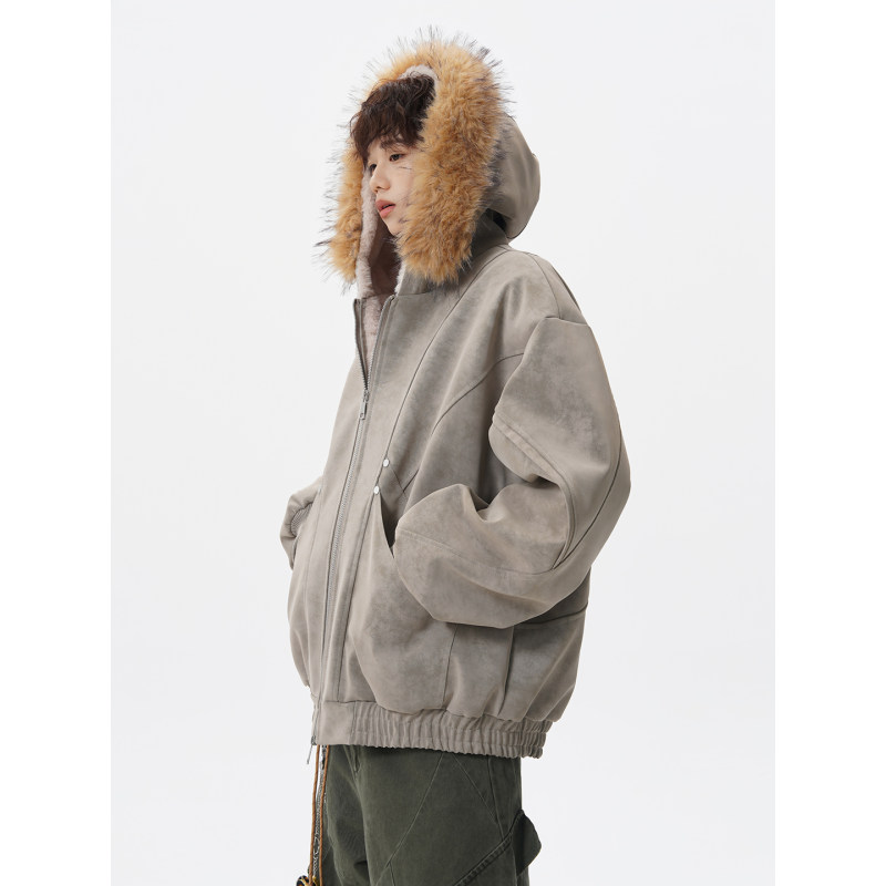 「设计师品牌」大理石纹PU皮座山雕加厚拆卸毛领棉衣