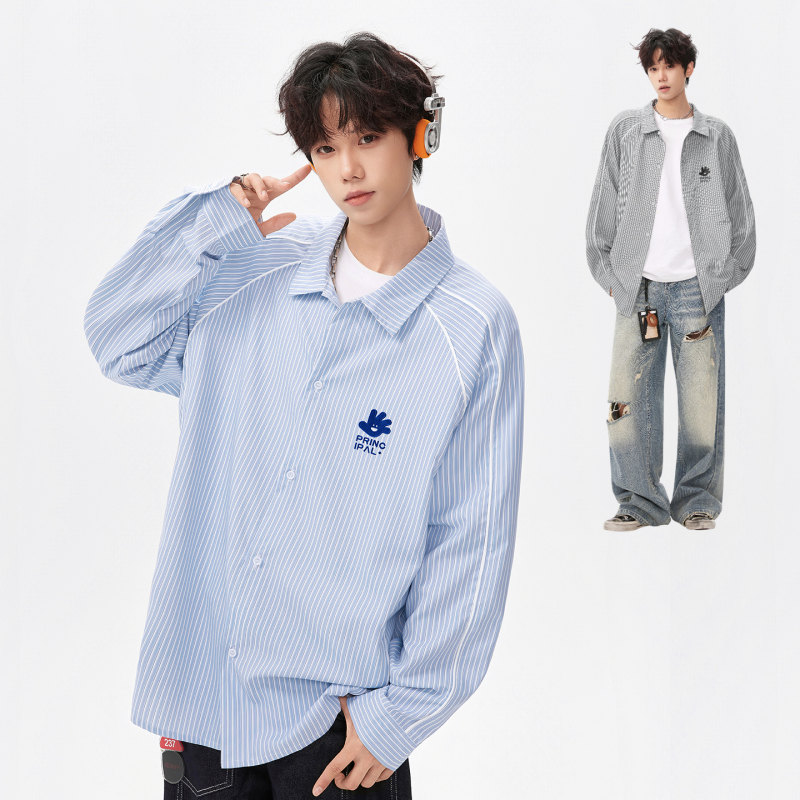 「设计师品牌」秋条纹衬衫男长袖上衣清新舒适百搭情侣衬衣