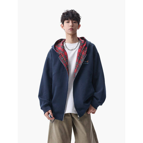 「设计师品牌」春季重磅320g华棉格子拼接卫衣外套