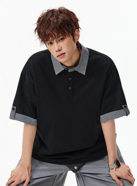 「设计师品牌」polo衫男夏季款miu系穿搭风条纹拼接短袖T恤衫