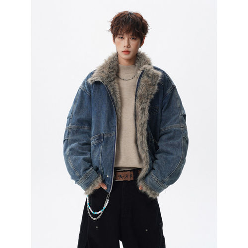 「设计师品牌」裁片座山雕水洗牛仔棉服短款飞行员外套