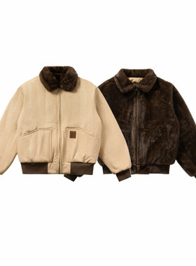 「设计师品牌」双面可穿 复古美式翻领内里拼毛绗棉外套