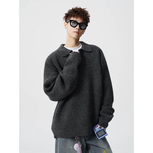 「设计师品牌」秋冬季新款休闲毛衣男士时尚翻领长袖宽松针织衫