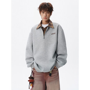 「设计师品牌」美式撞色假两件卫衣半拉链大码格子领POLO衫外套