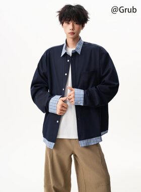 日系假两件衬衫男女秋季高街潮牌情侣衬衣复古宽松学院风运动上衣