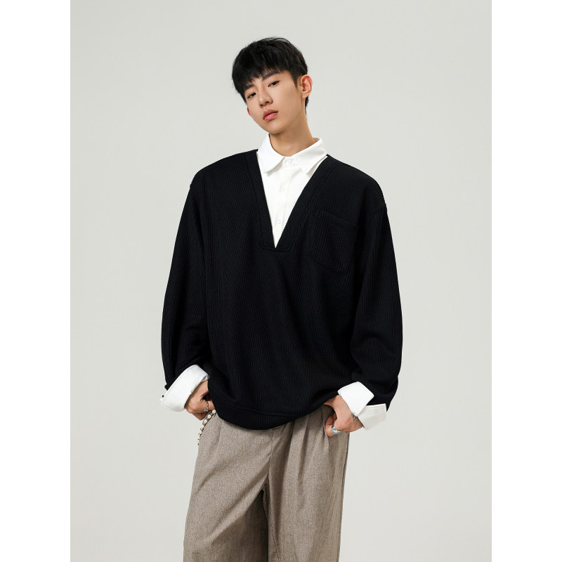 「设计师品牌」秋季新款假两件长袖POLO衫休闲百搭套头卫衣