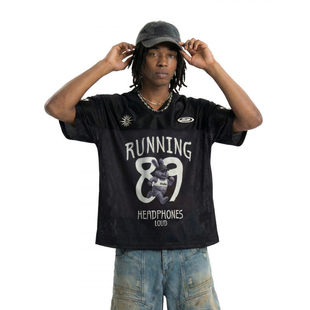 「设计师品牌」复古运动v领球衣短袖T恤夏季新款户外运动上衣潮