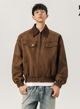 「设计师品牌」复古做旧水洗PU皮衣男 巴恩风重磅质感廓形皮夹克