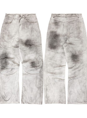 水洗做旧白色脏洗赛车裤褶皱拼接直筒工装裤dirtyfit宽松