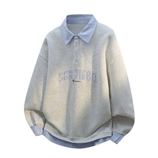 「设计师品牌」假两件POLO情侣卫衣宽松外套男